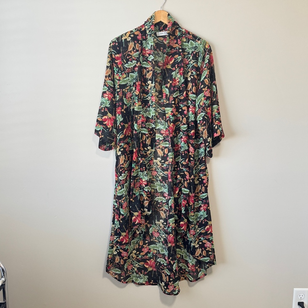 Floral Kimono Open Front Crepe Black Floral Longline One Size